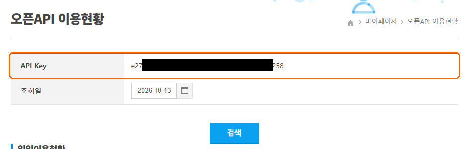 OpenDART 오픈API 이용현황 화면의 API Key 칸(값은 가림)