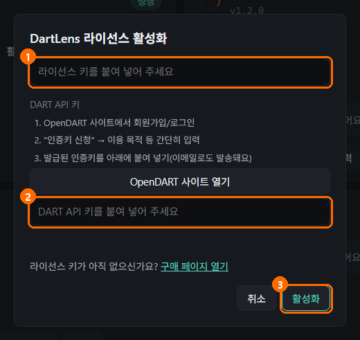 DartLens 라이선스 활성화 창. 라이선스 키와 DART API 키 입력 칸