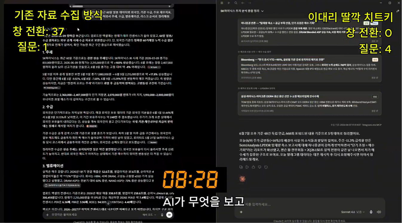 기존 자료 수집 방식과 LeetKit 방식의 8분 30초 비교 화면
